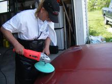 Julie "the bag lady" demonstrating her buffing prowess on Margaret's '80.